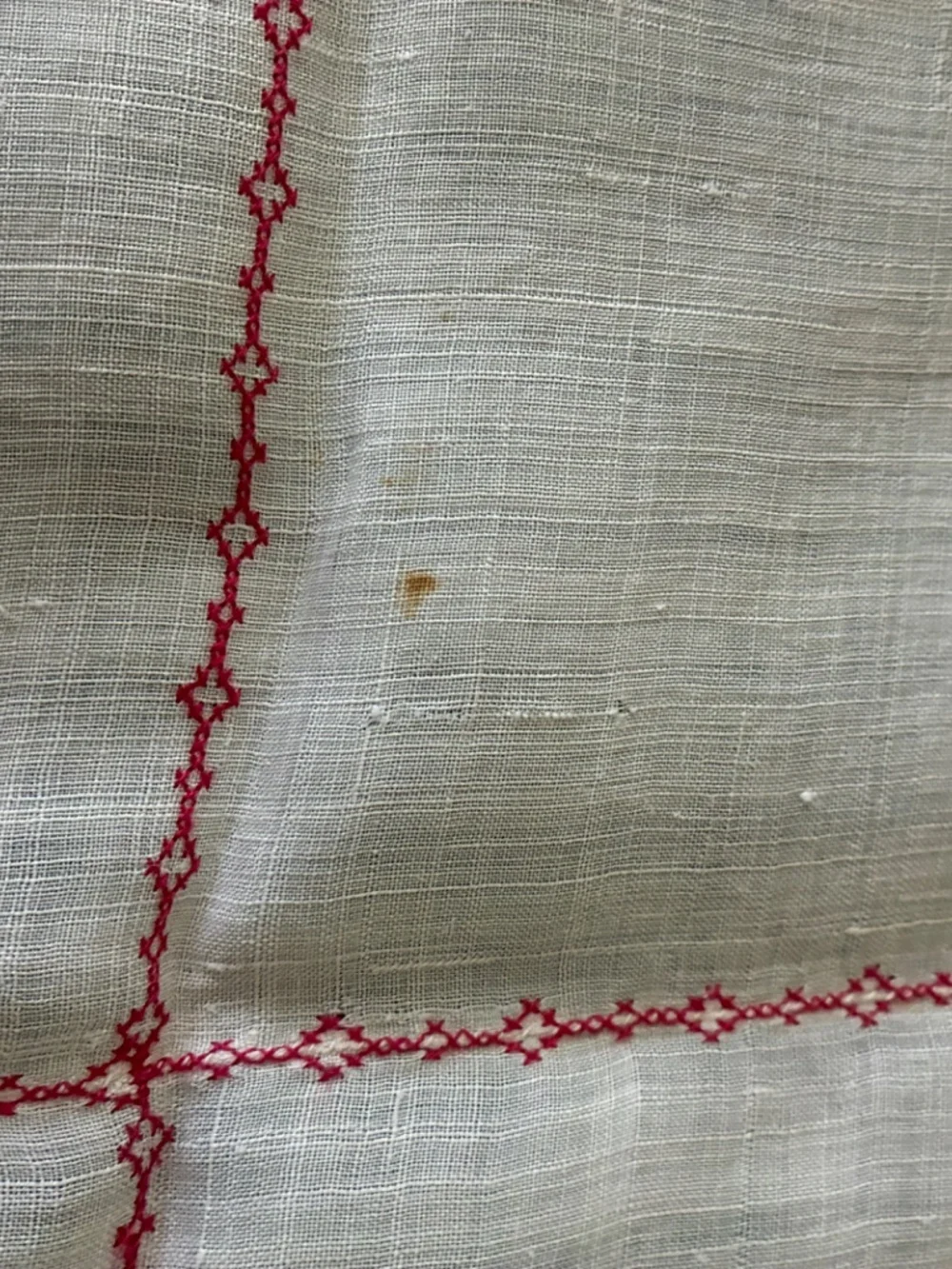 Vintage Linen Cross Stitched Roses Tablecloth 33 1/2 x34